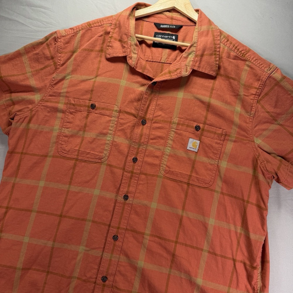 Carhartt Rugged Flex Shirt Mens 2XL Orange Plaid Button Up Short Sleeve Workwear